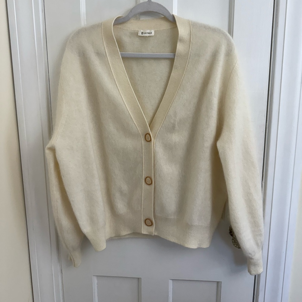 LilySilk 100% Cashmere Cardigan Sweater Pearl Button V Neck Medium White - Picture 2 of 4